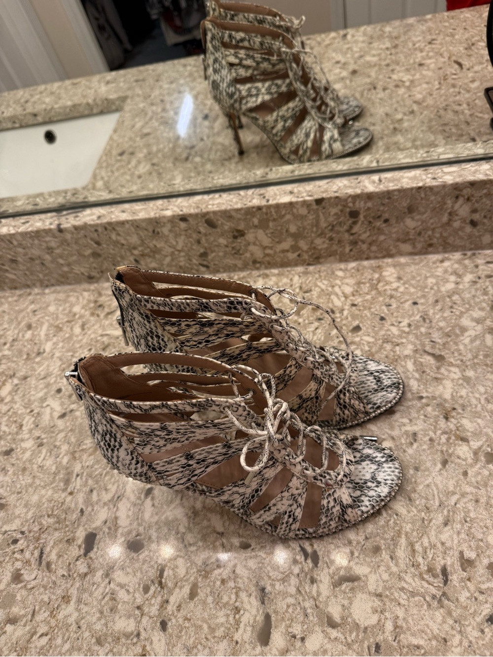 BCBGeneration Snake-Print Lace-Up Strappy Heels in Beige and Black